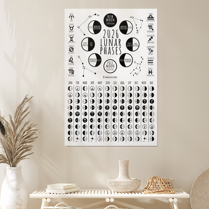 2026 Lunar Calendar Print: Full + New Moon Phases Poster, Witchy Celestial Wall Art, New Year Gift for Her, Astrology Decor