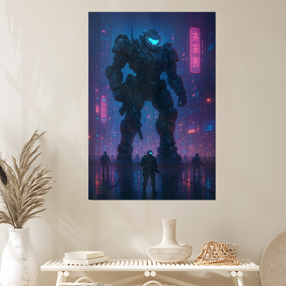 Cyberpunk Mech Poster: Neon Sci-Fi Robot Print