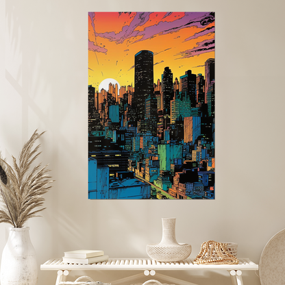 Sunset City Skyline Art Print | Retrofuturism Megacity Panel | Purple Cyberpunk Sci-Fi Wall Decor | Futuristic Cityscape