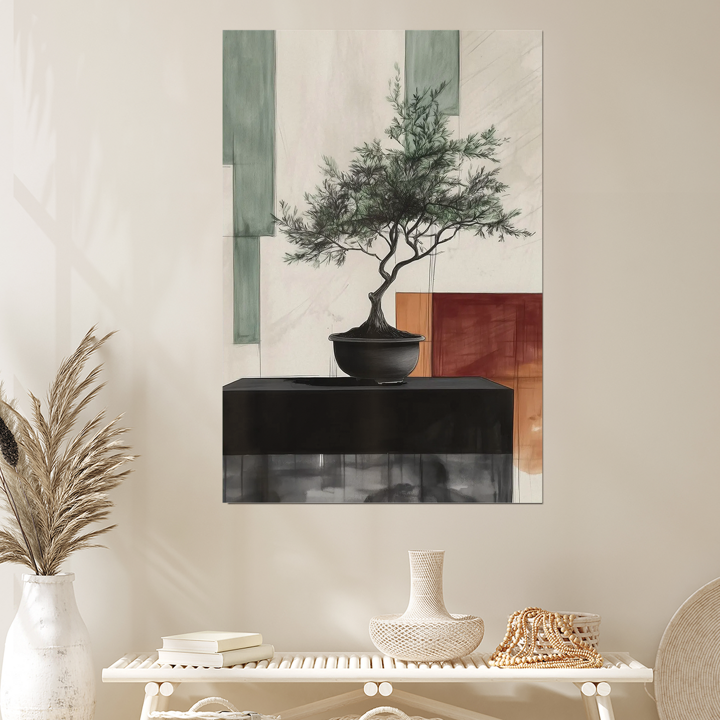 Modern Apartment Printable Art, Bonsai Tree Illustration Digital, Architecture Style Poster, Earthy Tone Wall Decor