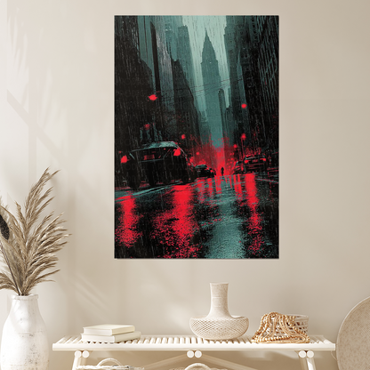Dark Cinematic City Wall Art, Rainy Street Poster, Moody Cyberpunk Decor
