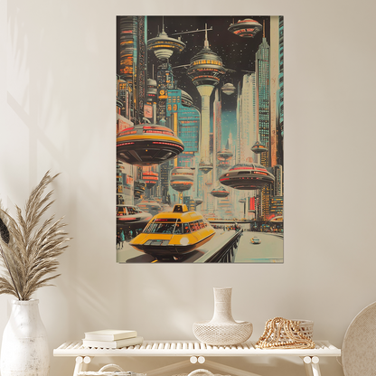 Vintage Retro Futurism Cityscape Poster – Sci-Fi Urban Scene with Hover Cars & Flying Buses