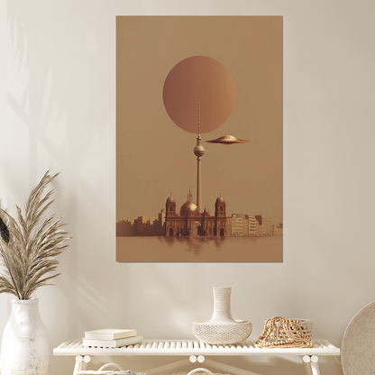 Berlin UFO Poster Print, Futuristic Surreal City Wall Art, Sci Fi Architecture Artwork, Modern Minimalist Poster, UFO Decor Print