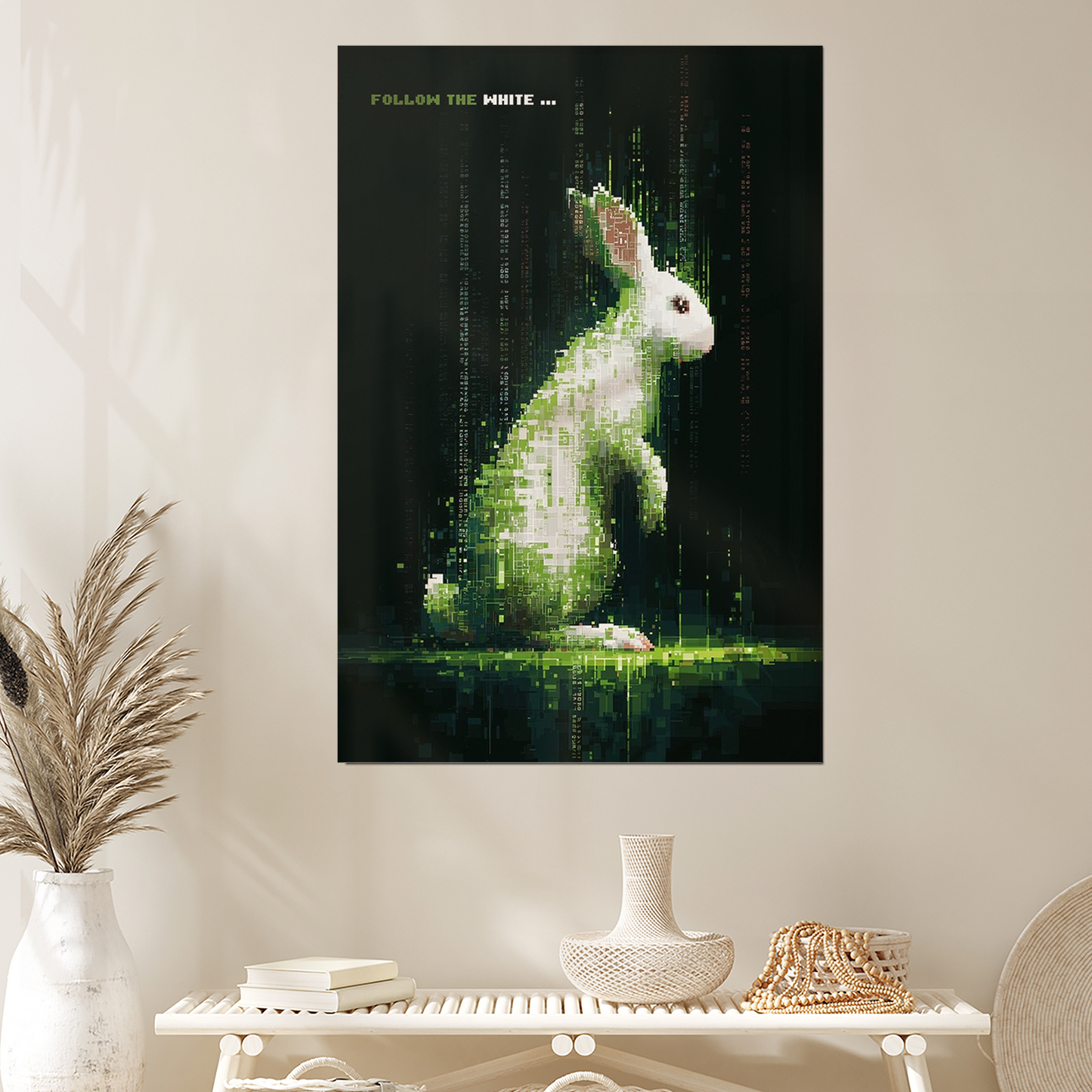 White Rabbit Pixel Art | Sci Fi Wall Art Print | Follow the White Rabbit | Cyberpunk Movie Decor