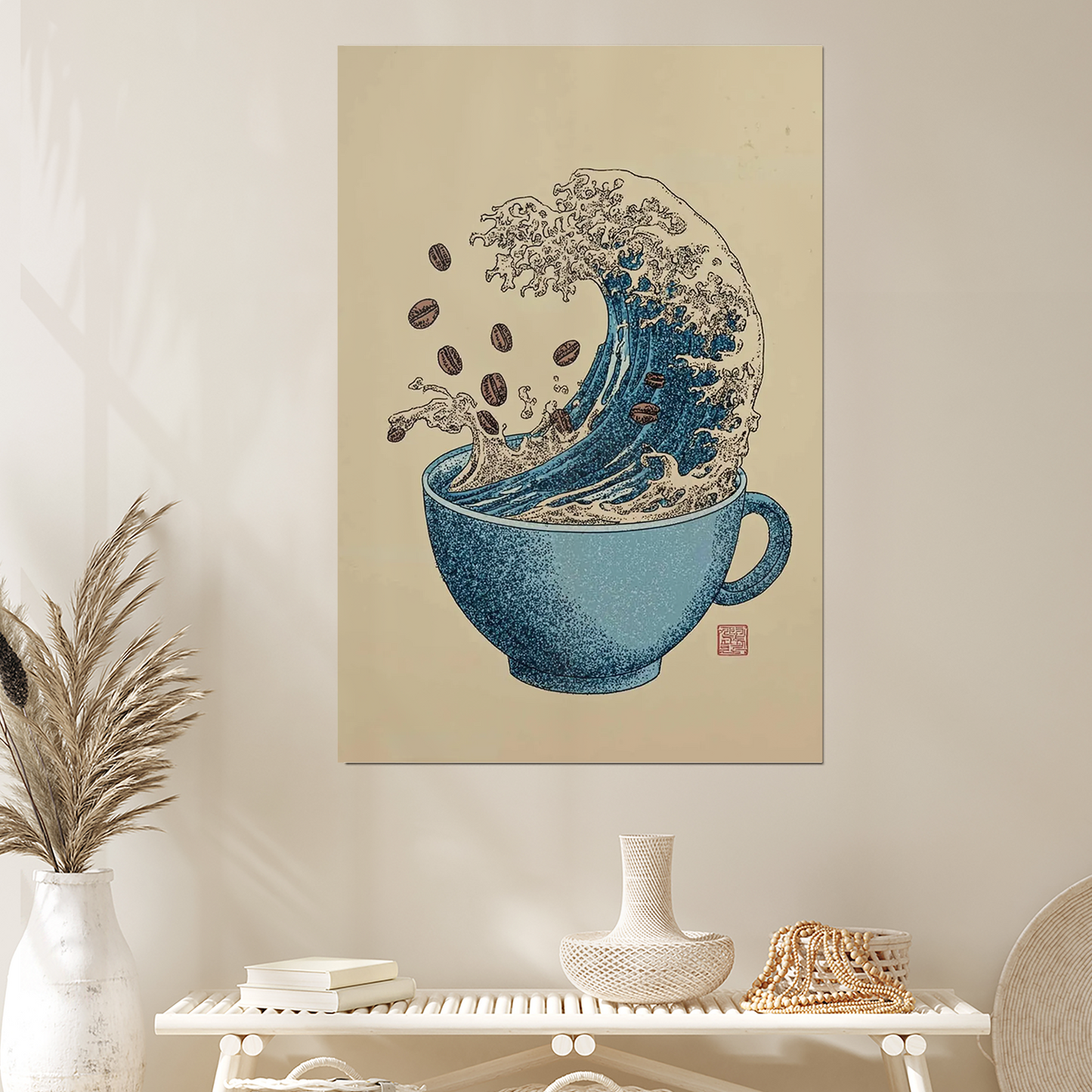 Coffee Wave Wall Art Print, Blue Coffee Cup Poster with Ocean Design, Japanese Inspired Artwork, Cafe Kitchen Decor