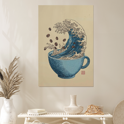 Coffee Wave Wall Art Print, Blue Coffee Cup Poster with Ocean Design, Japanese Inspired Artwork, Cafe Kitchen Decor