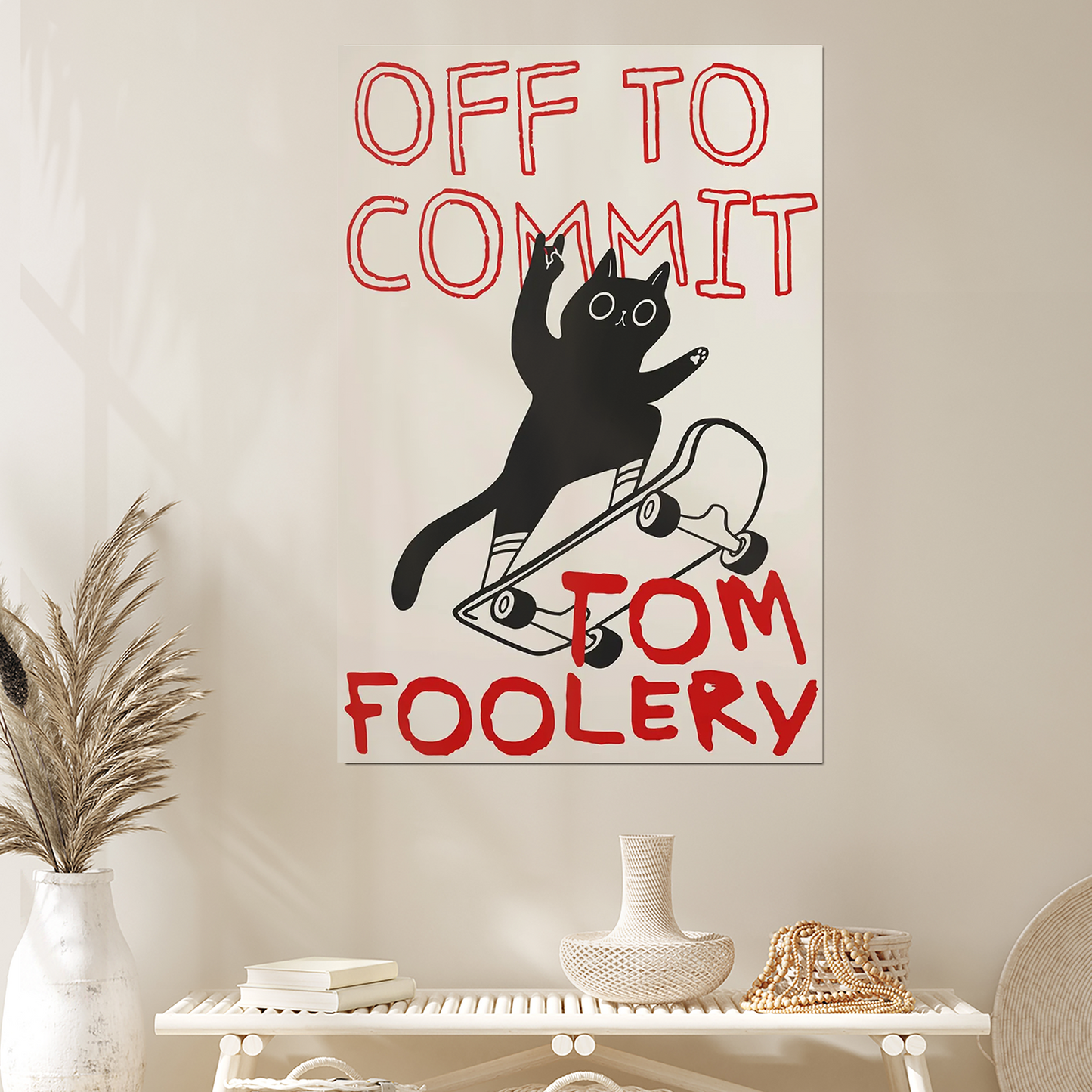 Off To Commit Tomfoolery Digital Art Print Funny Black Cat On Skateboard Poster Cat Lover Poster Silly Cat Art Black And Red Art