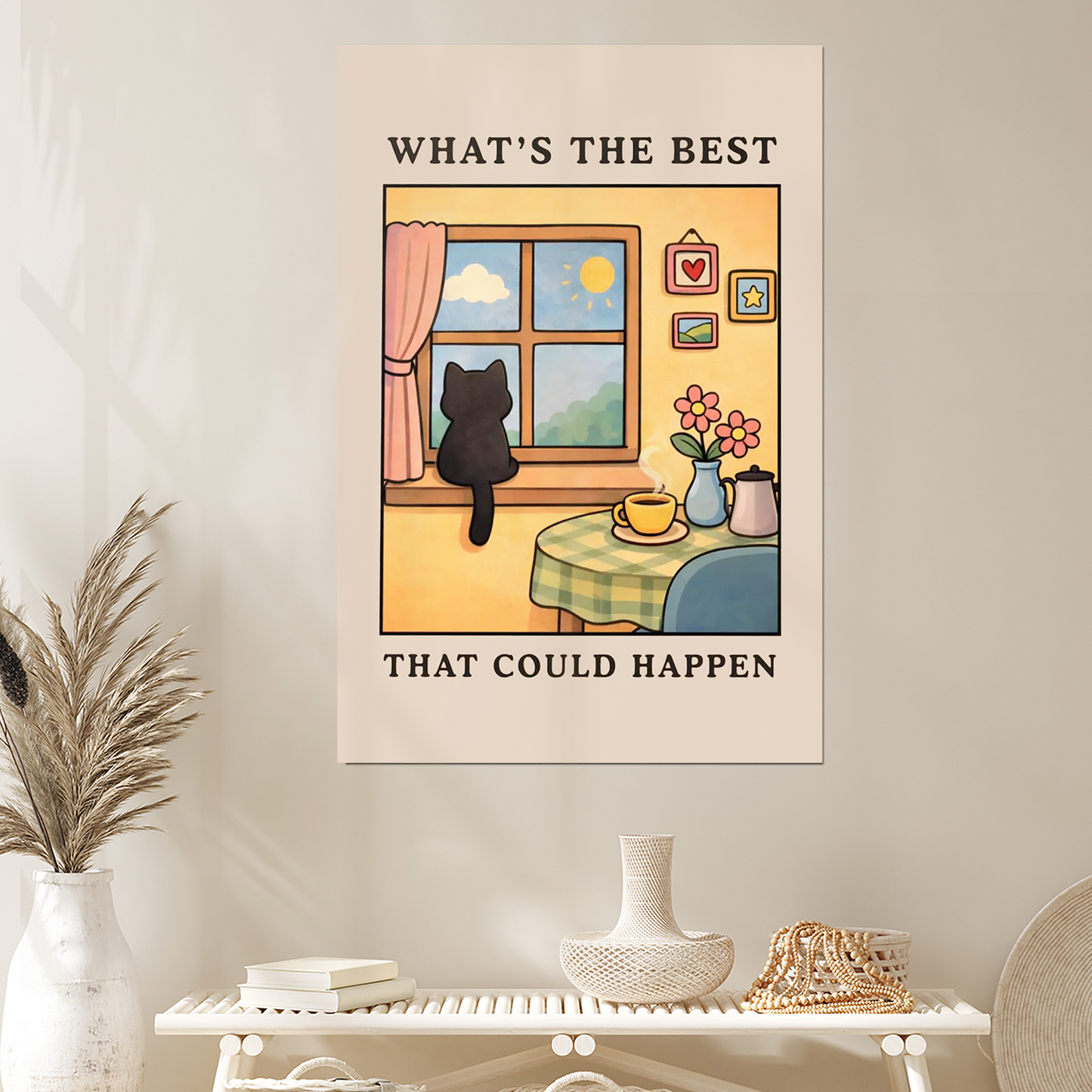What's The Best That Could Happen - Cute Cat Motivational Wall Art, Cozy Home Poster, Positive Quote Print, Comfort Decor