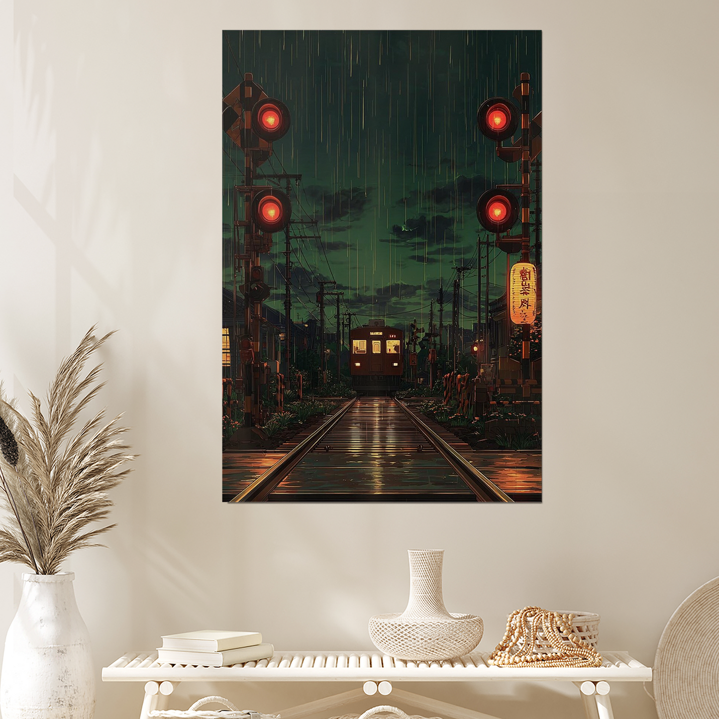 Japanese Train Crossing Poster, Rainy Night Wall Art In Cinematic Style For Bedroom Living Room Decor Style 4