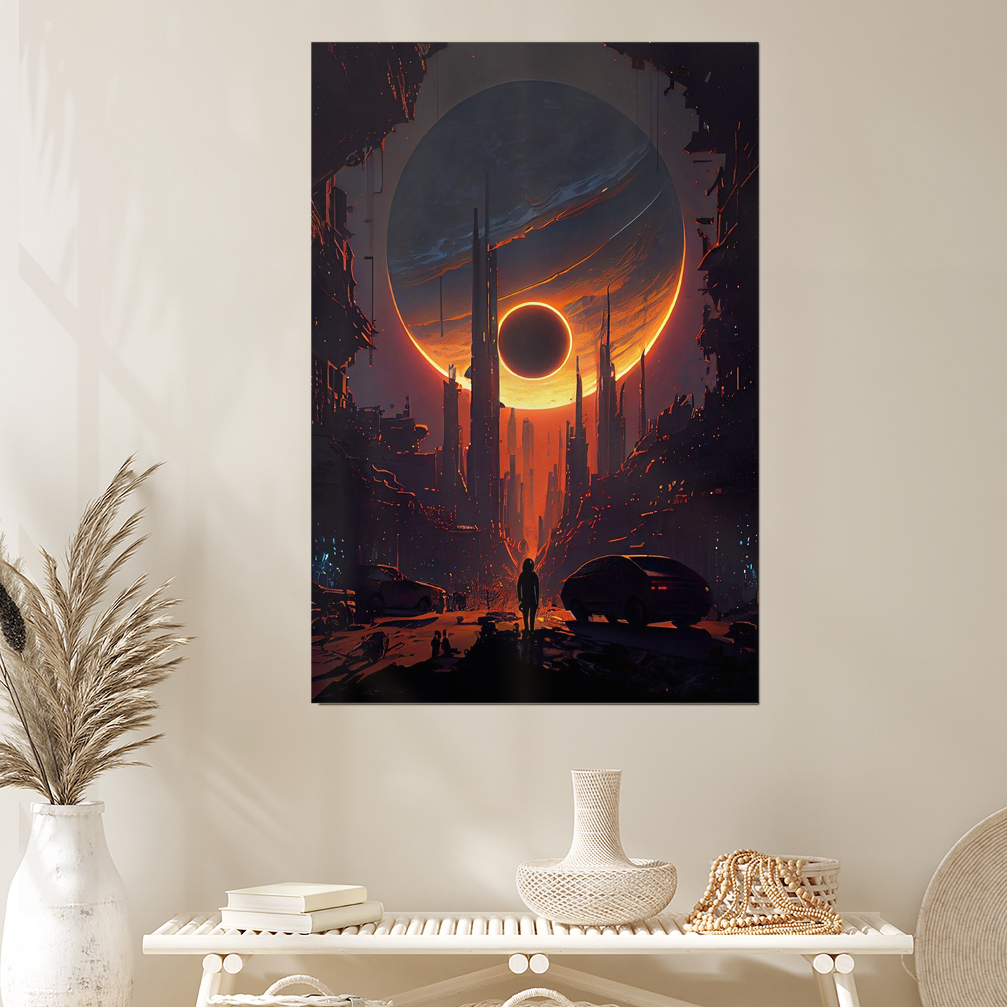 Futuristic Cyberpunk Cityscape | Dark Solar Eclipse Art | Space Art | Sci-Fi Poster