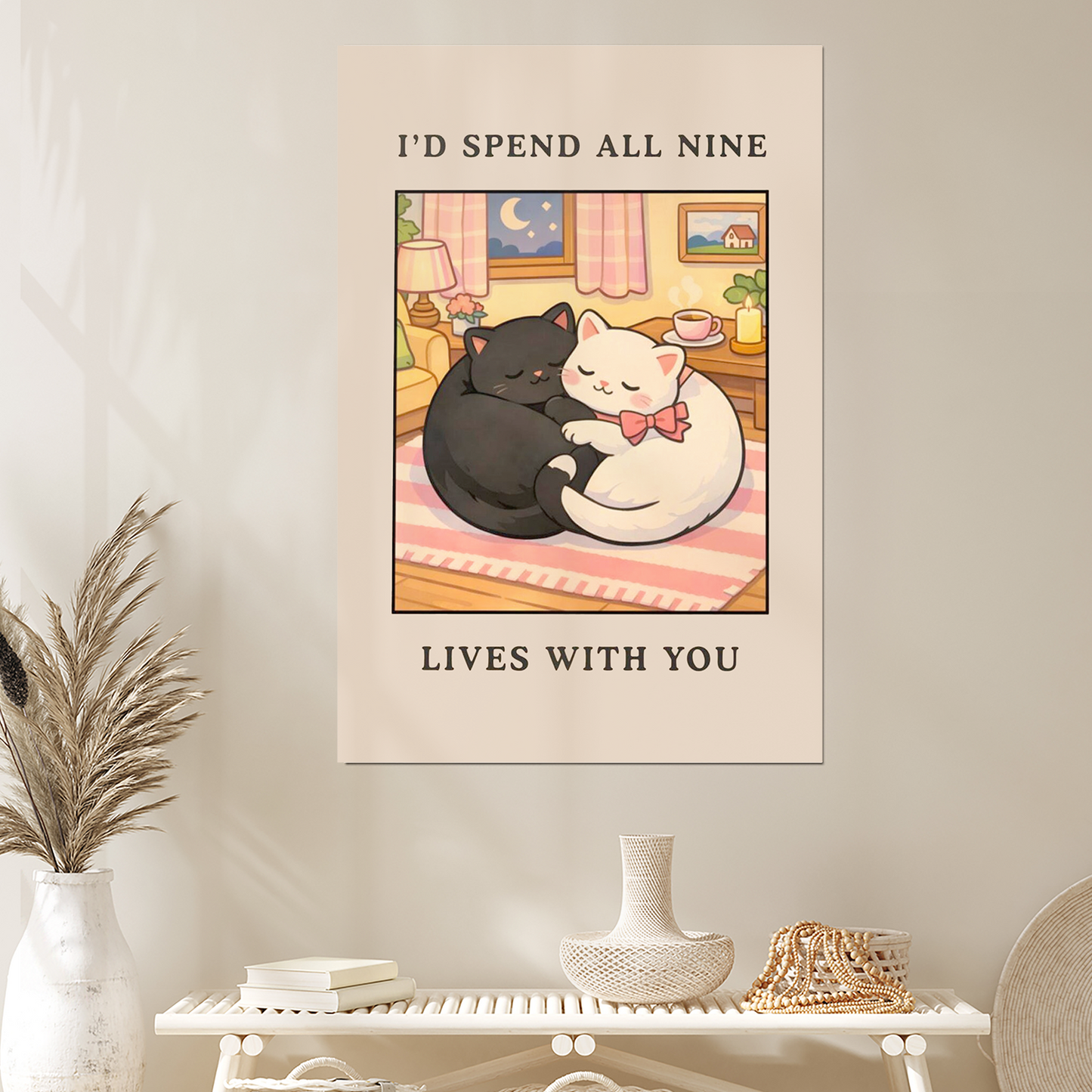 I'd Spend All Nine Lives With You - Cute Cat Love Wall Art, Romantic Couple Poster, Sweet Relationship Gift, Cozy Bedroom Decor