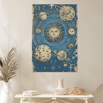 Celestial Sun Moon Poster | Vintage Astrology Wall Art | Blue Cosmic Illustration Print