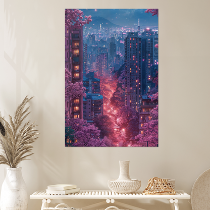 Sakura Cherry Blossom Cyberpunk Poster | Neon Japanese Futuristic Wall Art for Bedroom & Gaming Room