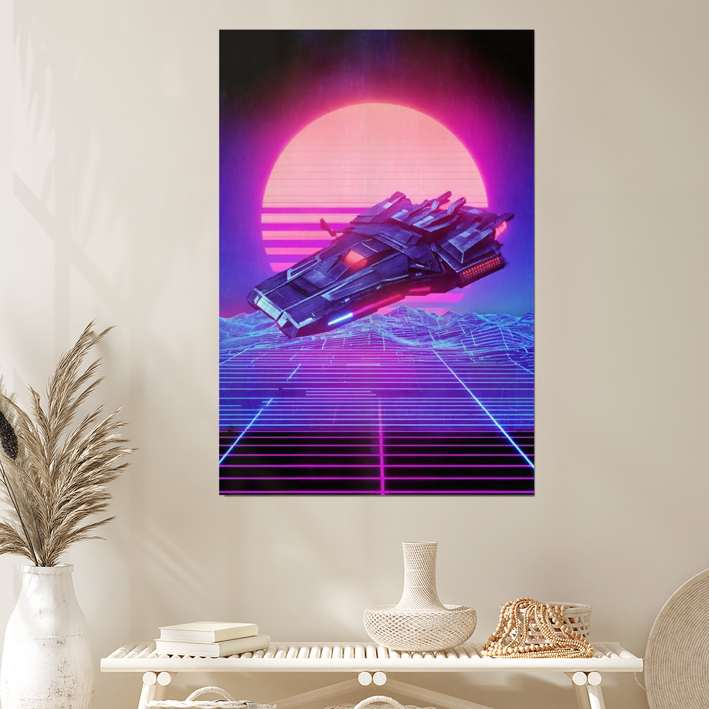 Synthwave Spaceship Art Print | Retro Futuristic Neon Poster | 80s Cyberpunk Sci Fi Gallery Wall for Vaporwave Gamer Man Cave Decor