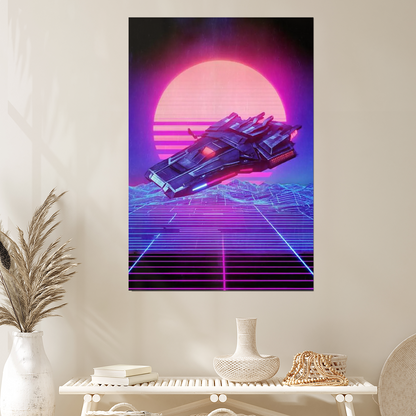 Synthwave Spaceship Art Print | Retro Futuristic Neon Poster | 80s Cyberpunk Sci Fi Gallery Wall for Vaporwave Gamer Man Cave Decor