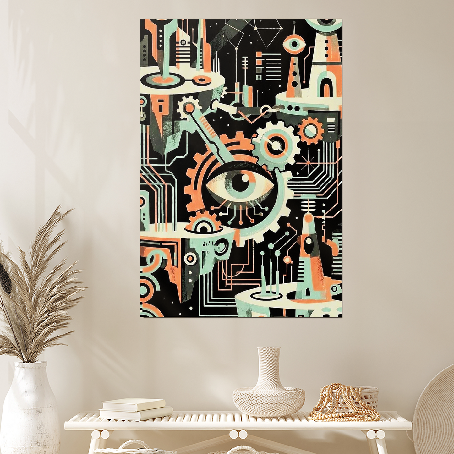 Cybernetic Eye & Gears Art Print | Mid-Century Modern, Teal Mint