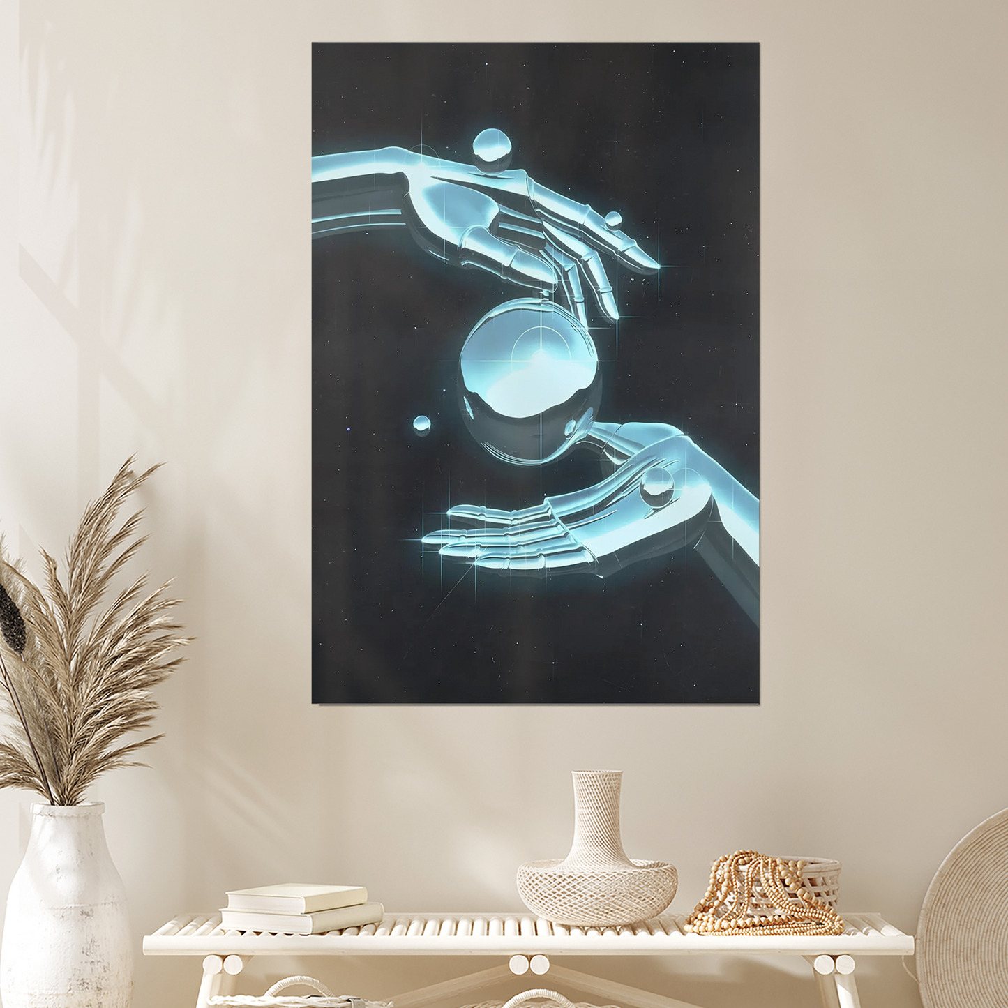 Cyberpunk Poster, Vaporwave Robot Hands, Retro Futuristic Art