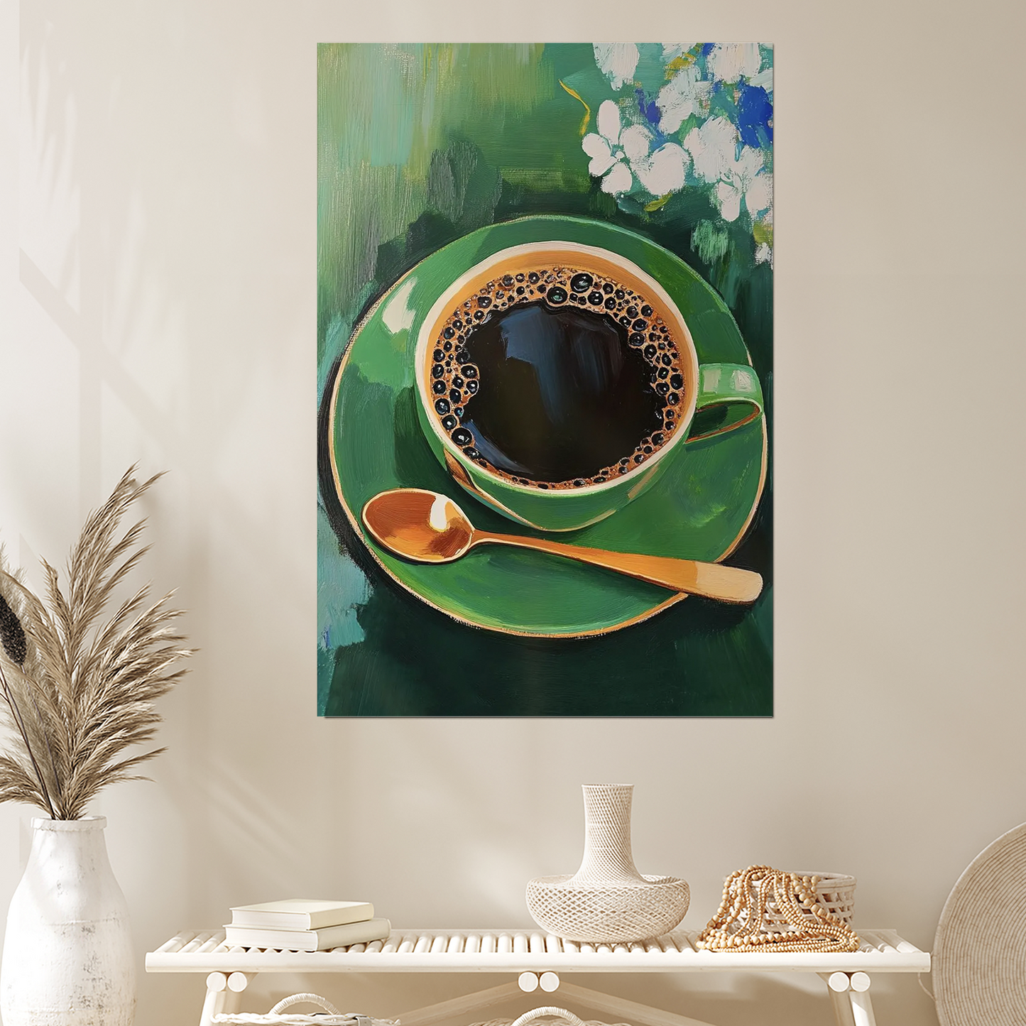 Elegant Coffee Lovers Art Print: Green Floral Kitchen Wall Decor - Unframed Trendy Poster