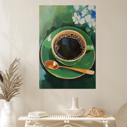 Elegant Coffee Lovers Art Print: Green Floral Kitchen Wall Decor - Unframed Trendy Poster