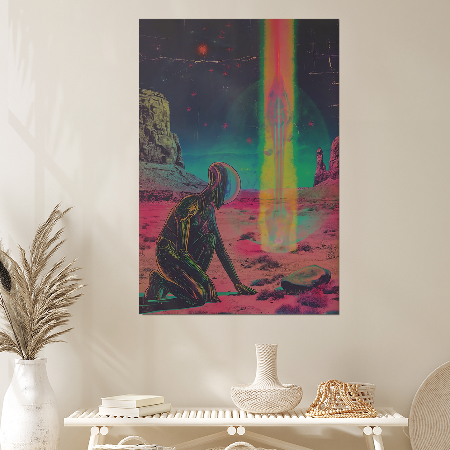 Retro Sci Fi Wall Art Print - Synthwave Alien Desert Poster - Neon Cosmic Beam Artwork - Vaporwave Space Decor