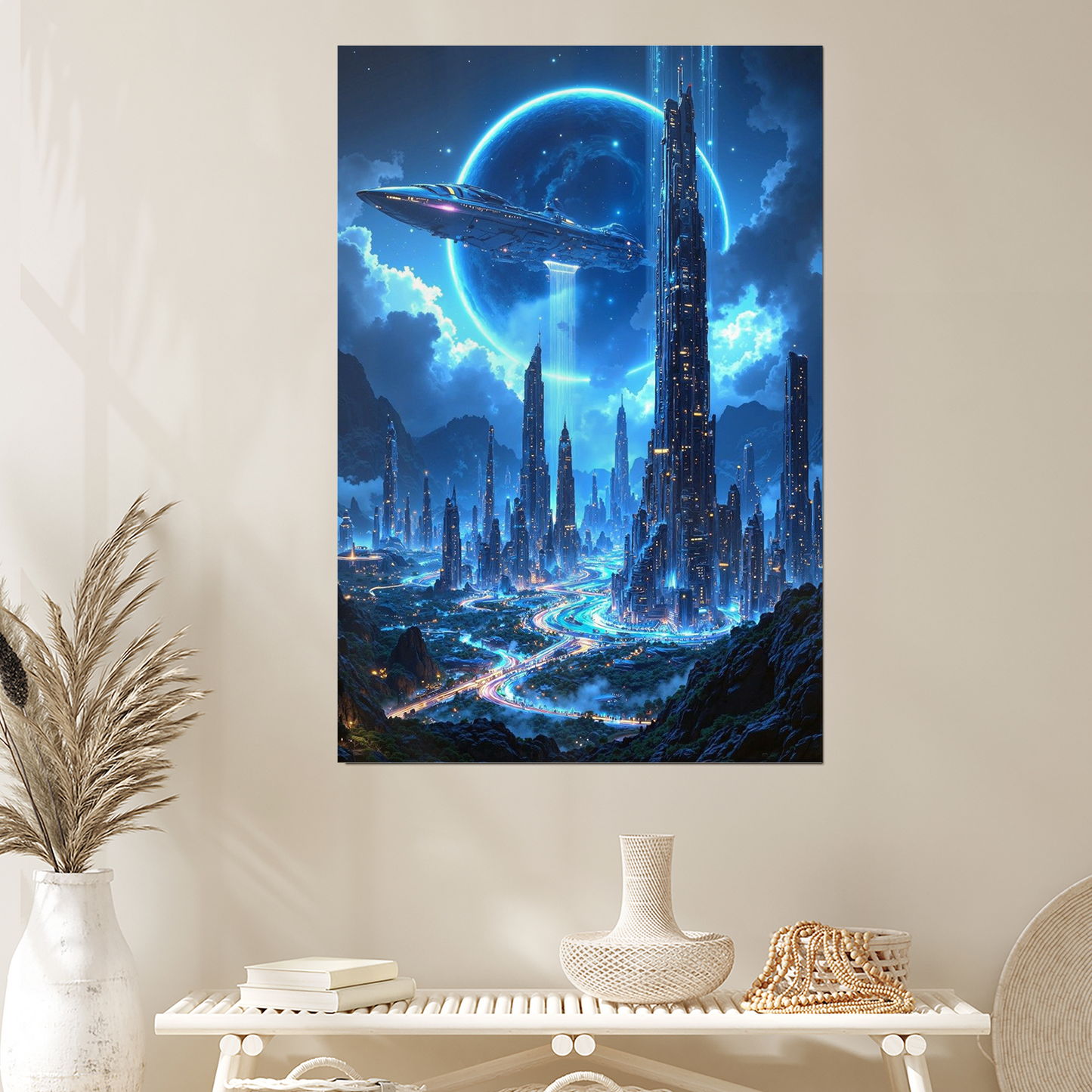 Neon Blue Cyberpunk Cityscape Poster, Futuristic Sci-Fi Metropolis Wall Art, Cosmic Spaceship Room Decor