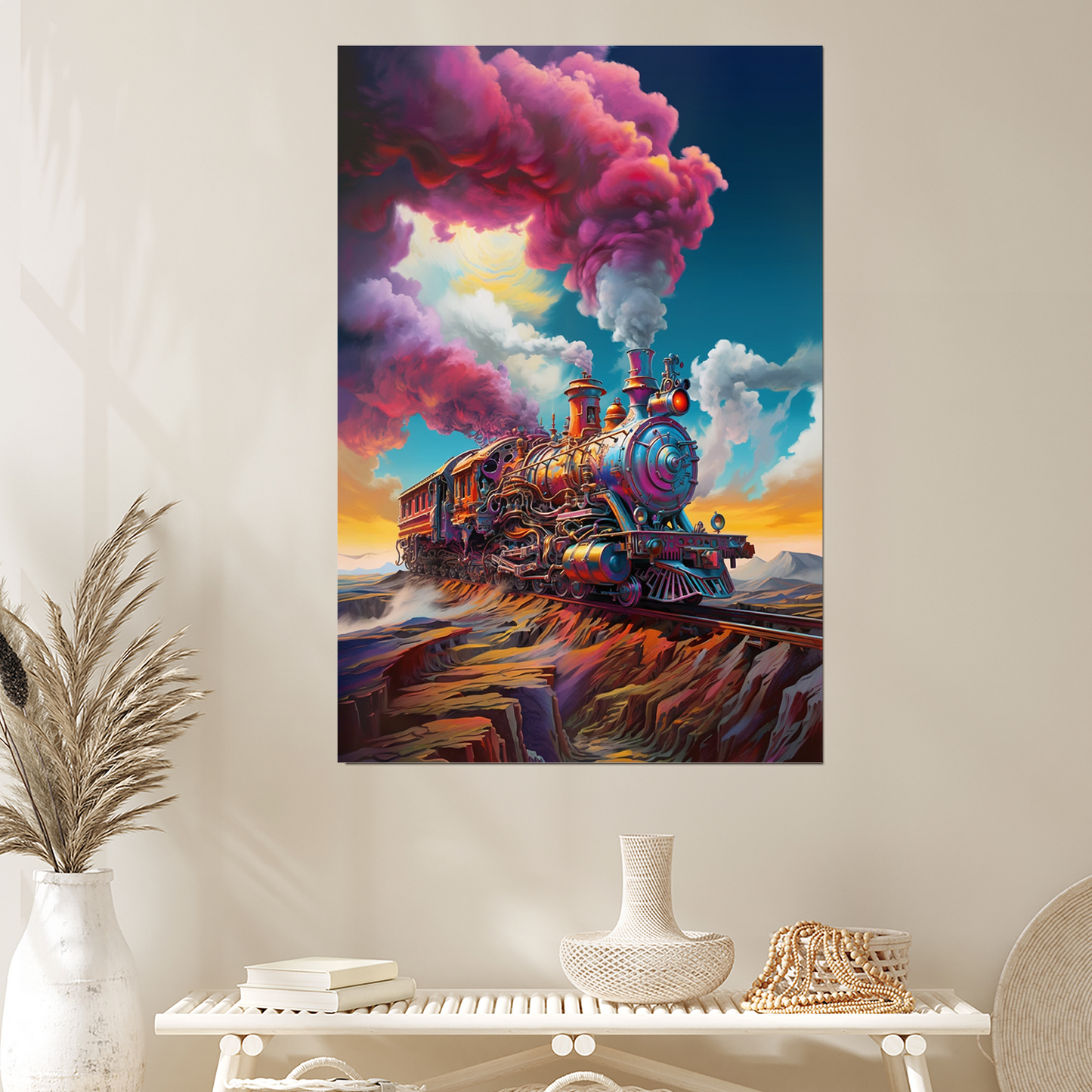 Surreal Colorful Steam Train Wall Art, Vibrant Fantasy Locomotive Poster, Psychedelic Cloud Landscape Decor