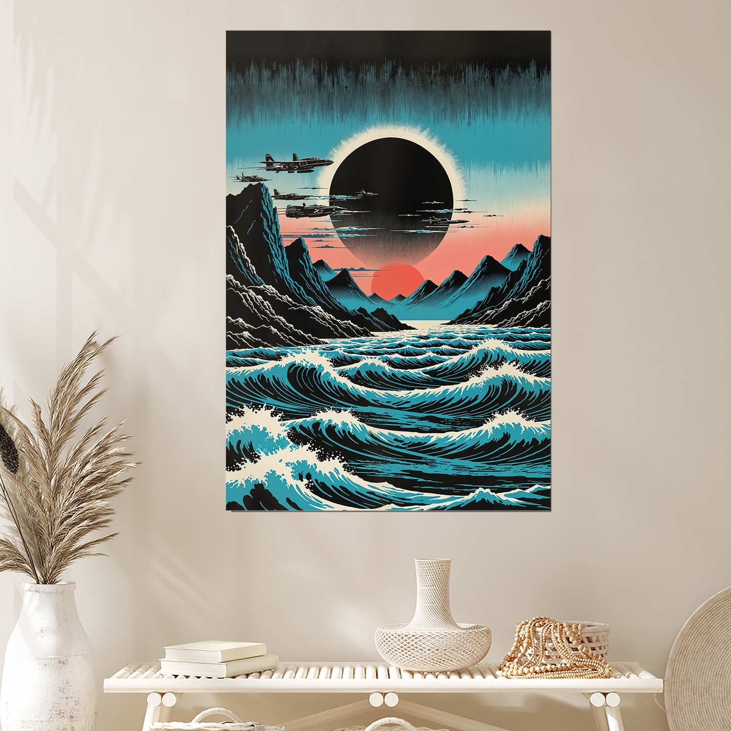 Retro Sci-Fi Eclipse Art Print | Ocean Landscape, Fighter Planes