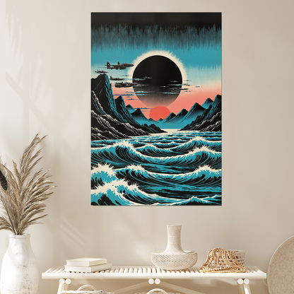 Retro Sci-Fi Eclipse Art Print | Ocean Landscape, Fighter Planes