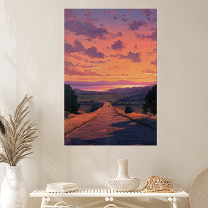 Sunset Landscape Print, Cinematic Rural Road, Dreamy Sky Poster