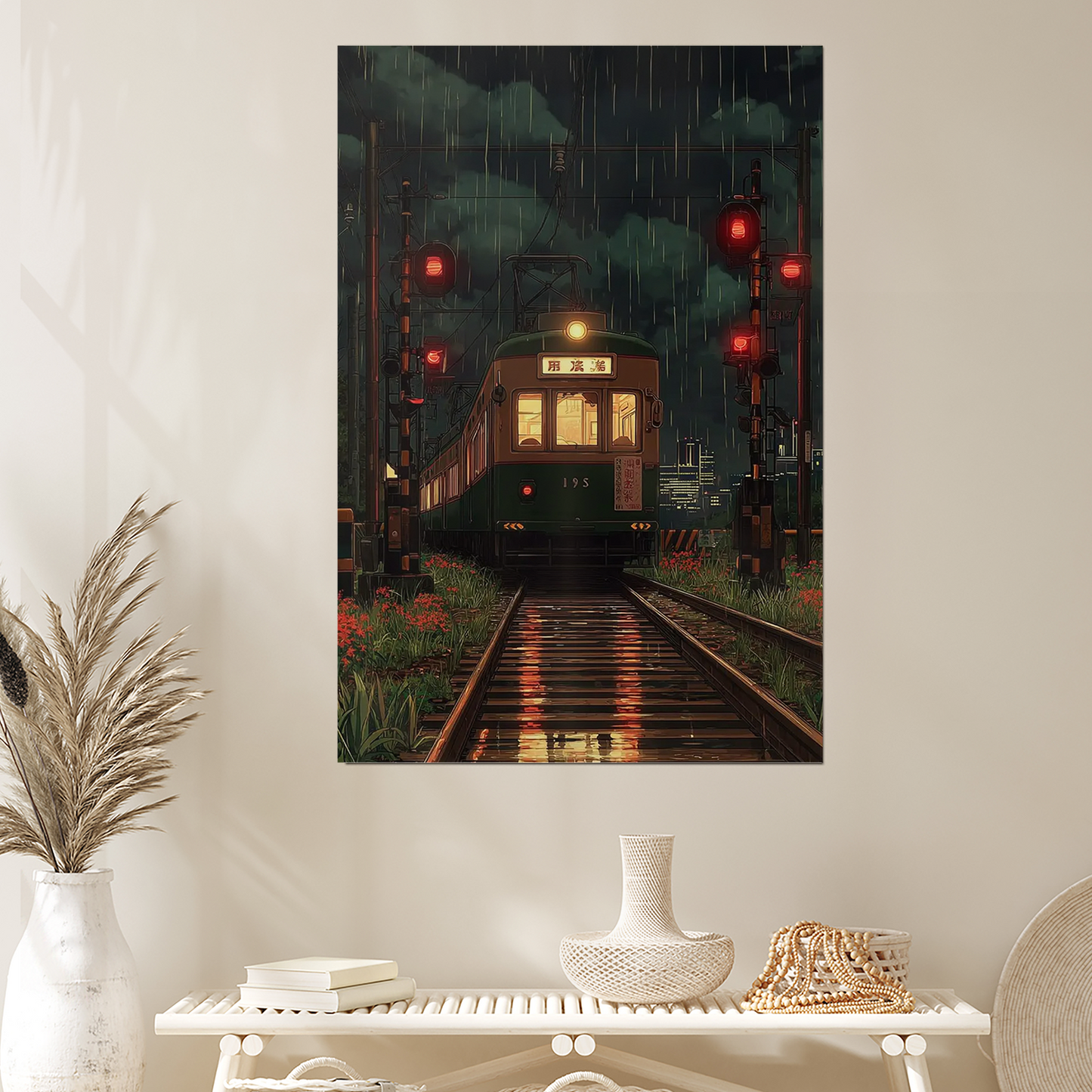 Cinematic Japanese Train Station at Night – Rainy Lantern Platform Wall Art