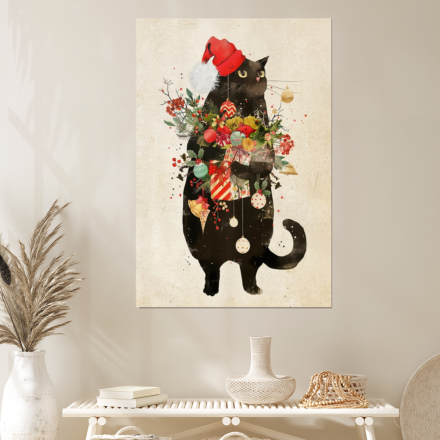 Christmas Gifts from Black Cats Poster, Whimsical Cat Santa Claus Art Poster, One Sheet Wall Size 24''x36''