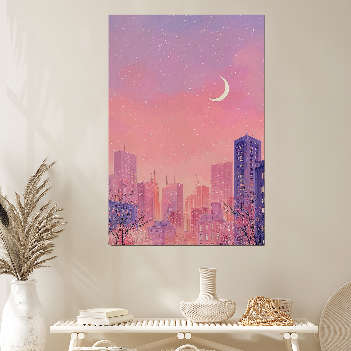 Lofi Cityscape Art Print, Pastel Pink Purple Wall Decor, Vaporwave Poster