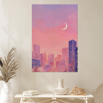 Lofi Cityscape Art Print, Pastel Pink Purple Wall Decor, Vaporwave Poster