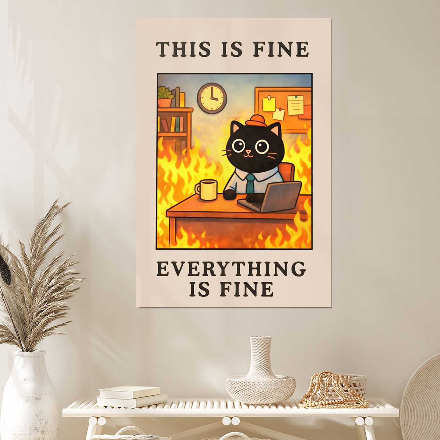 This Is Fine - Funny Office Meme Poster, Burnout Wall Art, Sarcastic Work Decor, Dark Humor Print, Relatable Office Gift