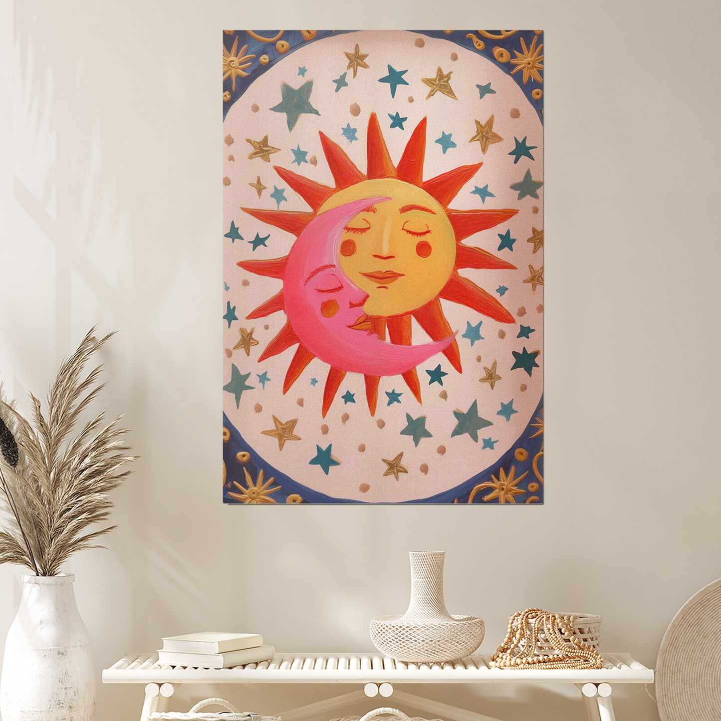 Sun and Moon Celestial Kissing Print: Boho Astrology Wall Art