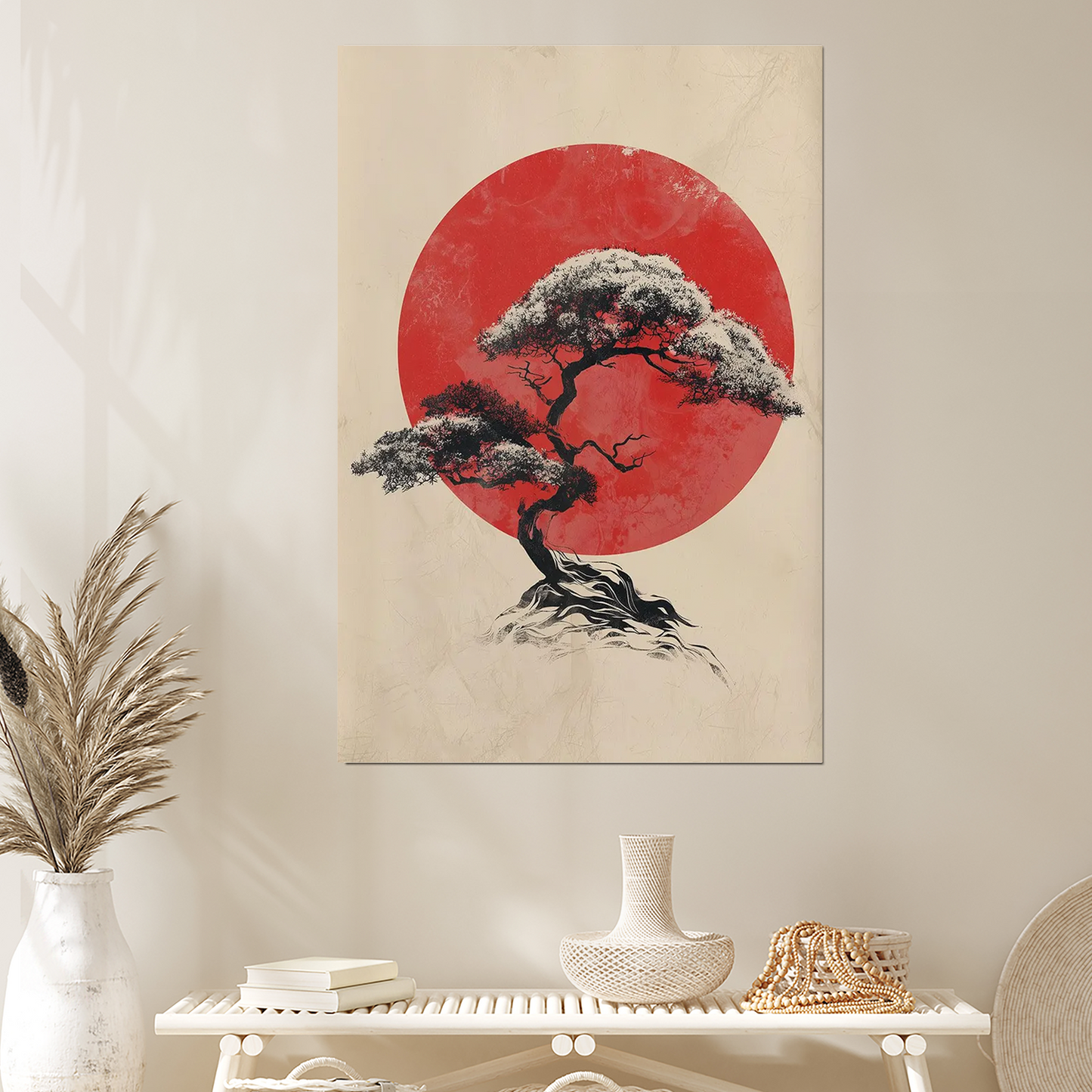 Bonsai Tree with Red Sun Poster – Minimalist Japanese Wall Art