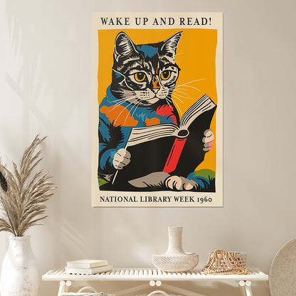 Cat Reading Poster - Wake Up and Read! - National Library Week 1960 Wall Art – Poster