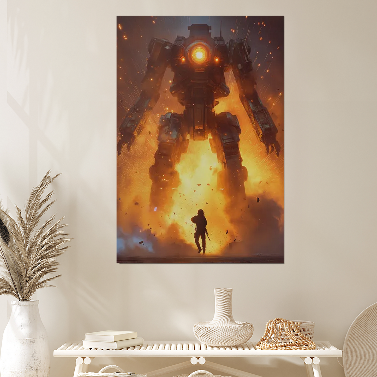 Giant Mech Battle Art Print - Sci Fi Robot Poster