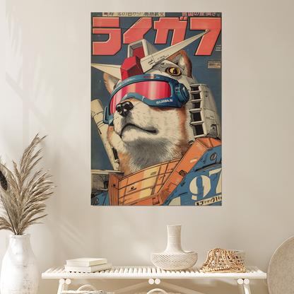 Cyber Shiba Mecha Pilot Art Print, Retro Japanese Shiba Poster