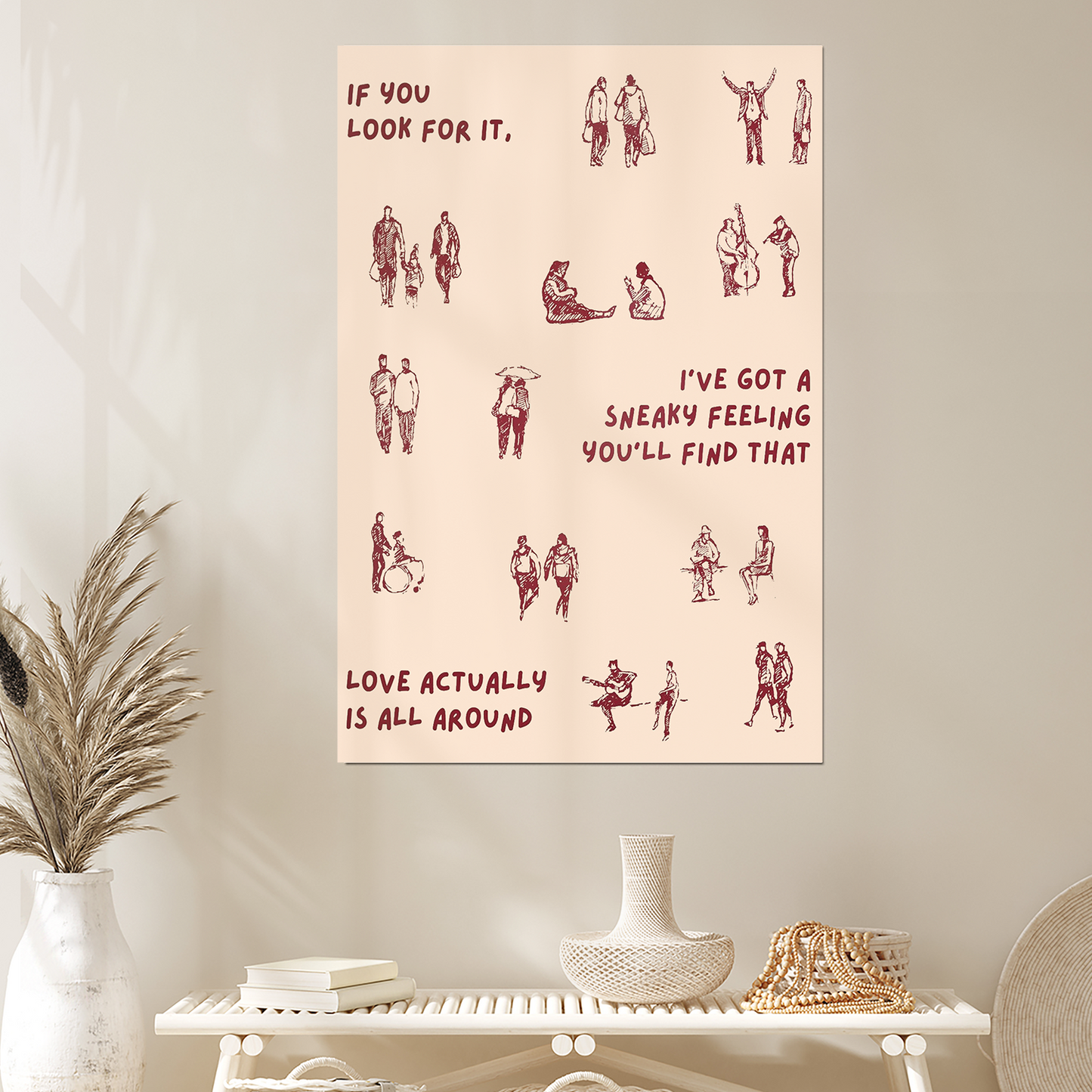 Love Actually Is All Around Print Dorm Room Aesthetic Wall Art Small People Art Tiny Humans Walking Print Minimalist People Wall Art Retro