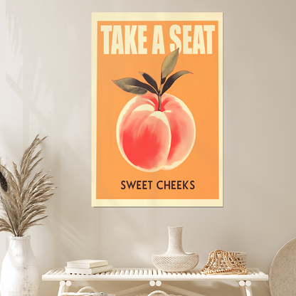 Take a Seat Sweet Cheeks Poster Funny Toilet Printable Poster Retro Bathroom Wall Art Peach Art Print Funny Toilet Art