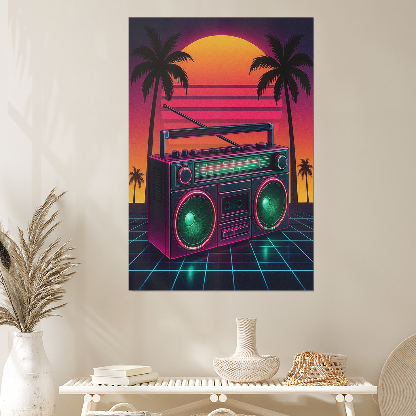 Retro Synthwave Wall Art - 80s Vaporwave Neon Boombox Poster