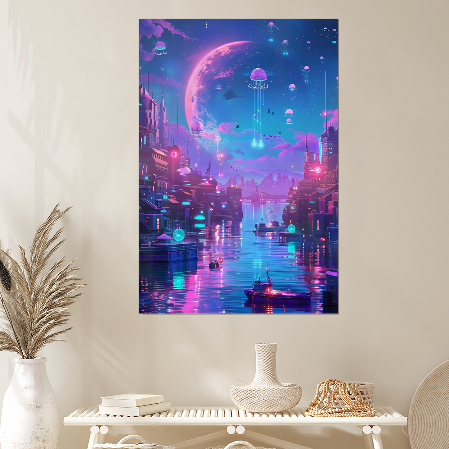 Sci-Fi Sky Poster, Neon Cyberpunk Cityscape, Vaporwave Wall Art