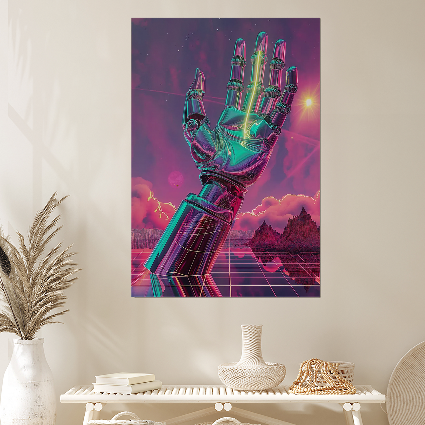 Cyberpunk Robot Hand Wall Art - Neon Retro Futuristic Print - Synthwave Sci Fi Poster - Vaporwave Aesthetic Home Decor