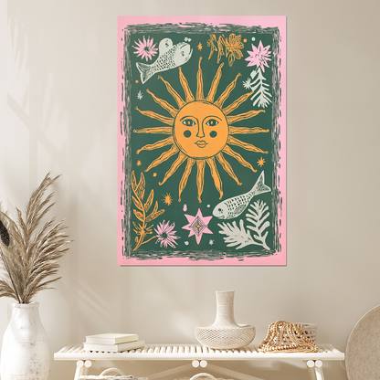 Sun and Moon Poster, Boho Celestial Wall Art, Mystical Folk Art Print, Astrology Home Decor, Cosmic Spiritual Artwork