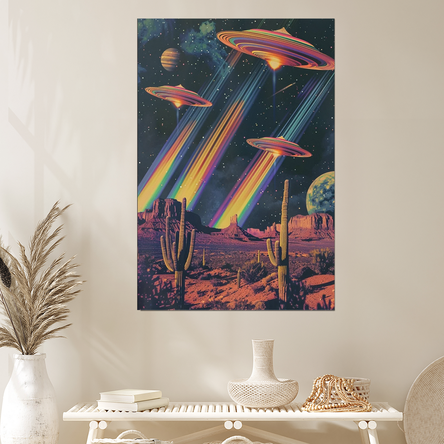 Retro UFO Space Poster Alien Wall Art Retro Futuristic Rainbow Poster Surreal Wall Art Vintage Scifi Collage Western Scifi