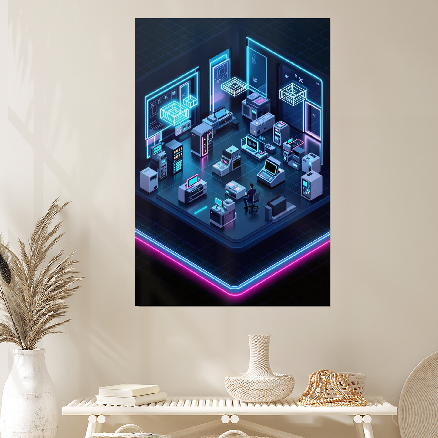 Retro Futurism Computer Lab Poster Isometric Neon Tech Wall Art