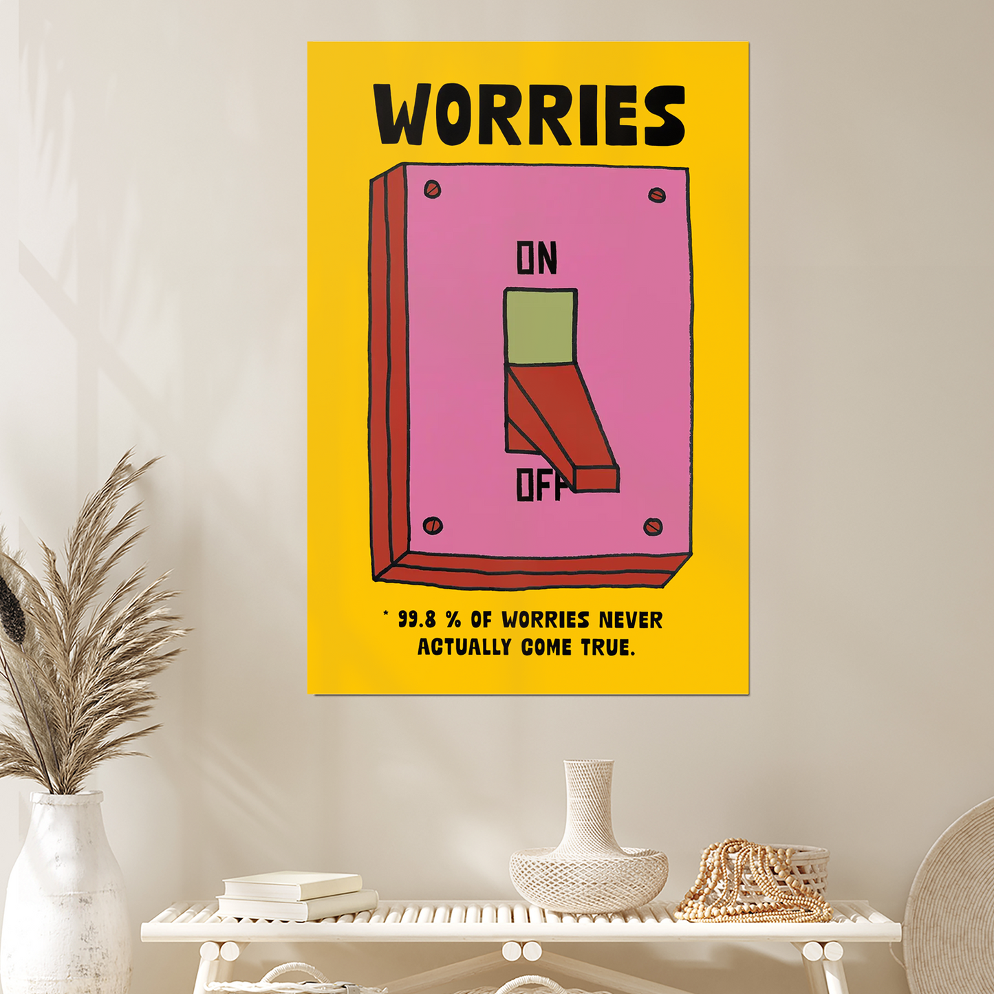No Worries Poster, Uplifting Quote, Affirmation Wall Art, Colourful Retro Illustration