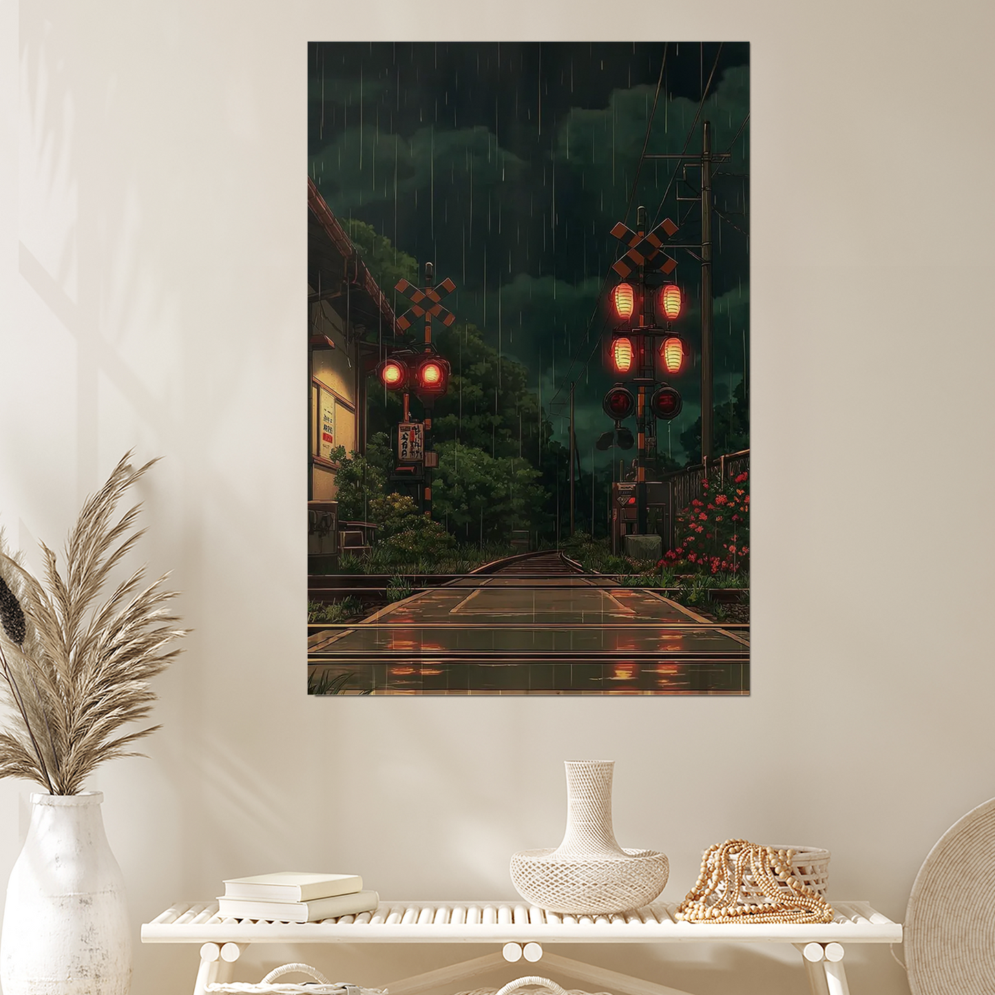 Japanese Train Crossing Poster, Rainy Night Wall Art In Cinematic Style For Bedroom Living Room Decor Style 1