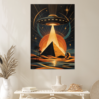 Retro Sci Fi UFO Pyramid Poster, Mid Century Cosmic Desert Art